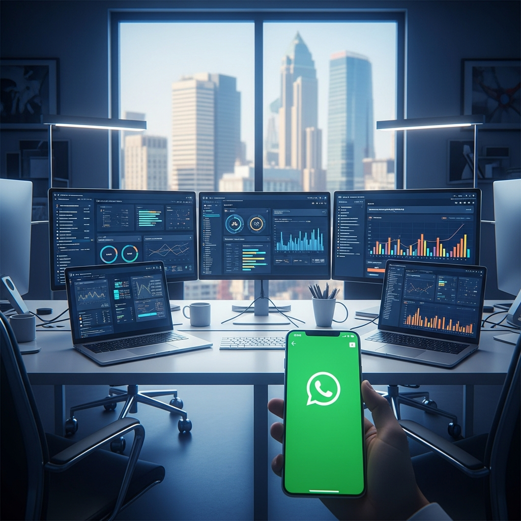 - en la Generación de una oficina moderna con un paisaje urbano de fondo que incluye un soporte inteligente