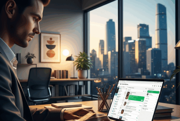 - in the Generate a of a modern office with a entrepreneur working on a laptop WhatsApp Busi