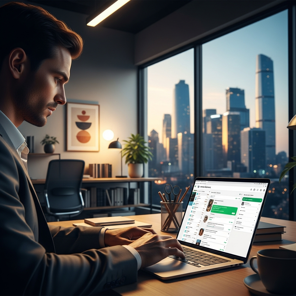 -        in the  Generate a of a modern office with a entrepreneur working on a laptop WhatsApp Busi