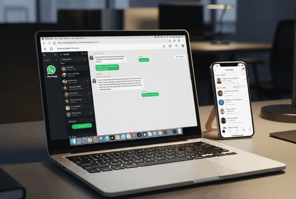 - in the Generate a of a modern office with a laptop and smartphone on a sleek desk showcasi