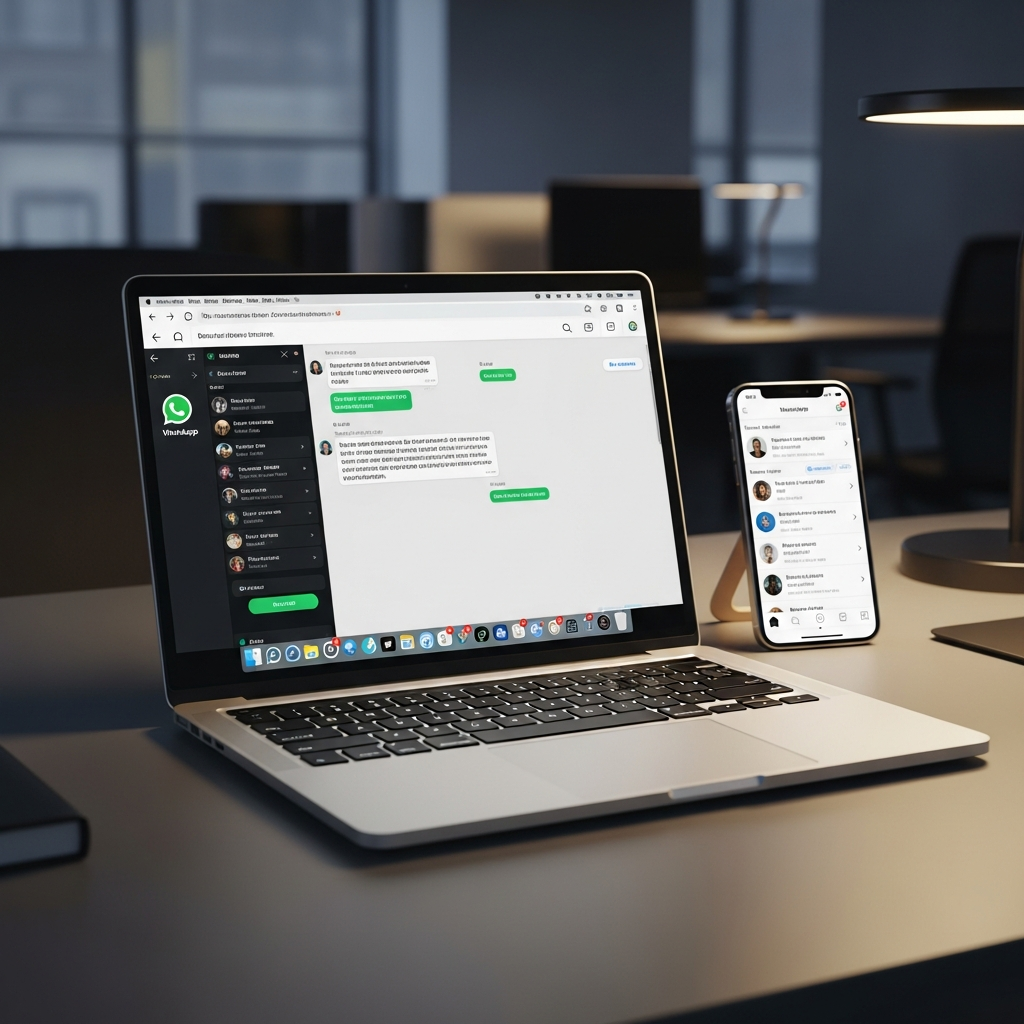 -        in the  Generate a of a modern office with a laptop and smartphone on a sleek desk showcasi