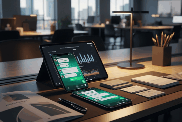 - dans le cadre de la génération d'une image d'un bureau moderne avec un smartphone affichant WhatsApp sur un bureau