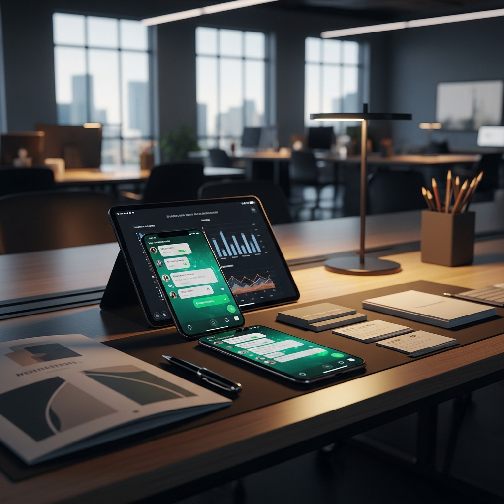 - in der Generiere ein Bild eines modernen Büros mit einem Smartphone, auf dem WhatsApp angezeigt wird, auf einem Schreibtisch.