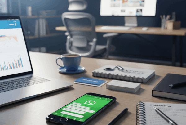 - na Geração de uma imagem de um escritório com um smartphone sobre uma mesa exibindo o WhatsApp na tela