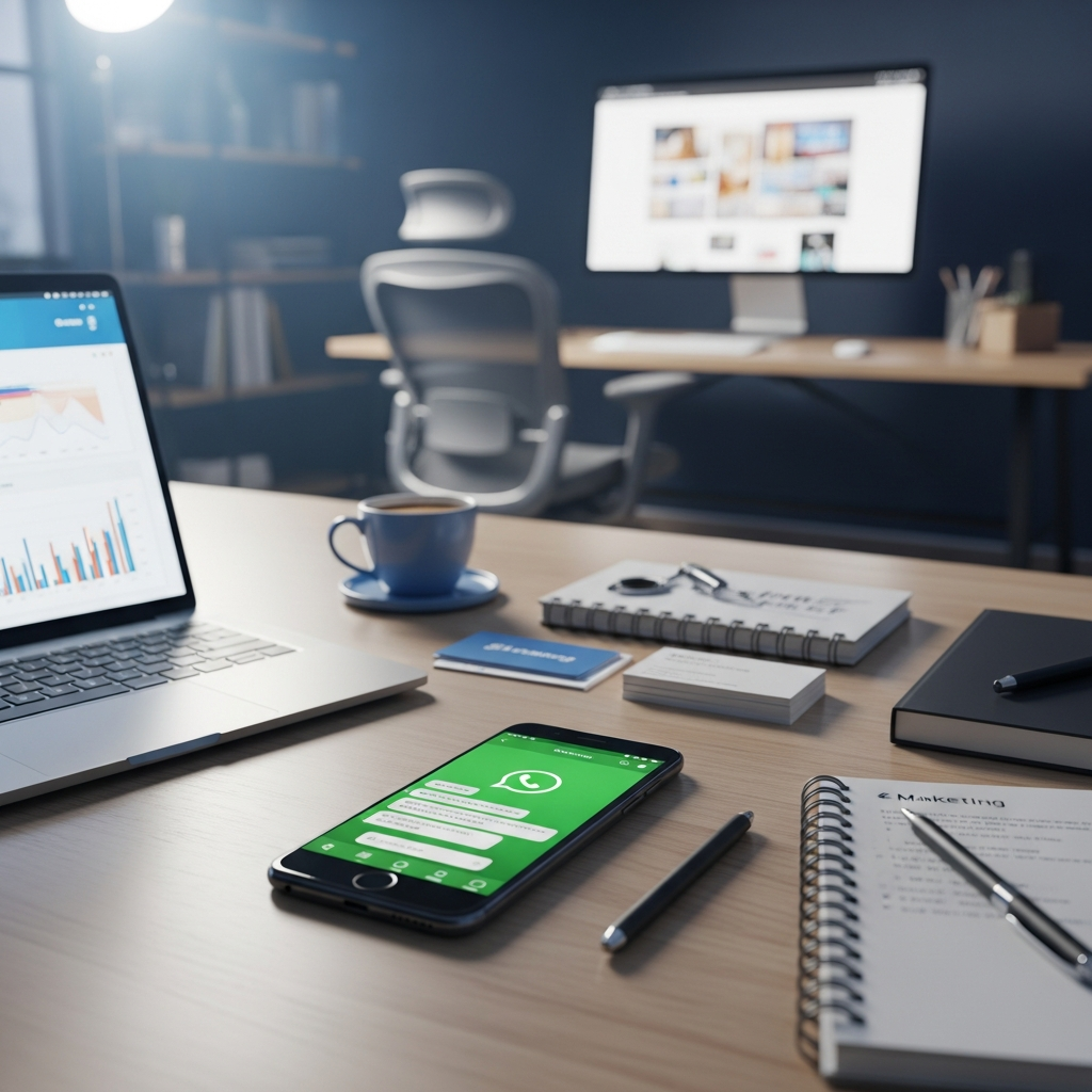 - en la Generación de una imagen de una oficina con un teléfono inteligente sobre un escritorio mostrando WhatsApp en su pantalla