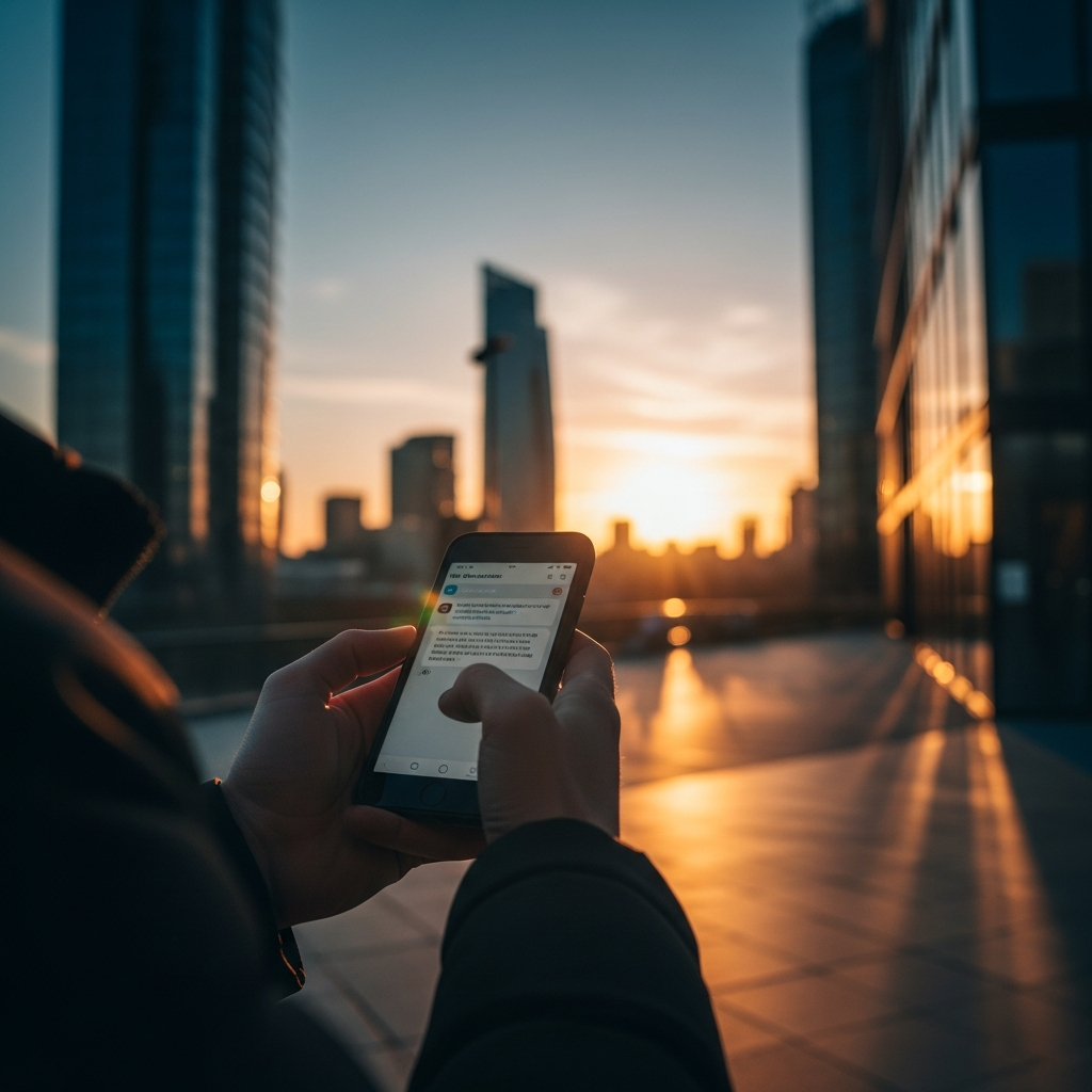 -        in the  Generate a of a person holding a smartphone with a text message on screen set in a