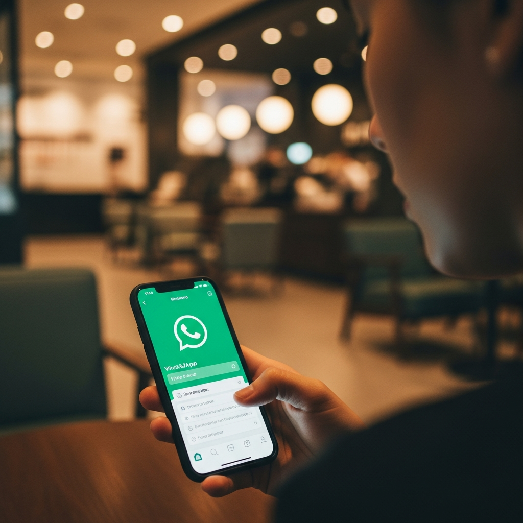 -        in the  Generate a of a person holding a smartphone with WhatsApp open in a modern coffee s