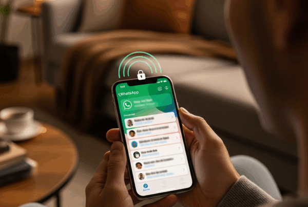 -        in the  Generate a of a person holding an iPhone with WhatsApp open in a modern living room