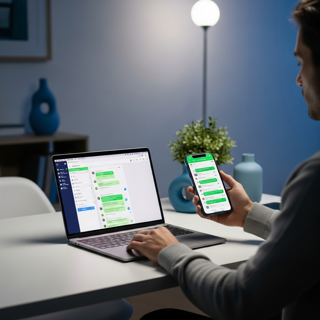 -        in the  Generate a of a person sitting at a minimalist desk with a laptop and smartphone se