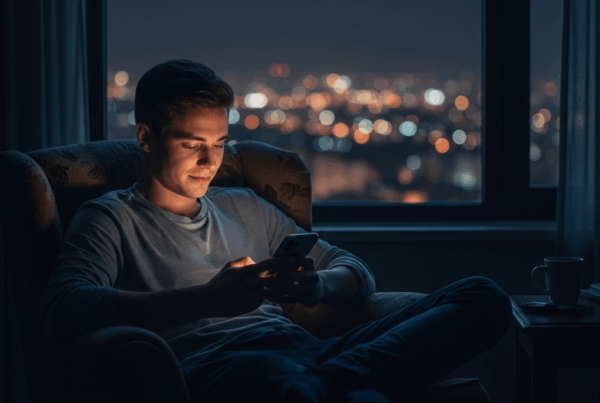 - in the Generate a of a person sitting in a dimly lit room typing on their phone with a sub