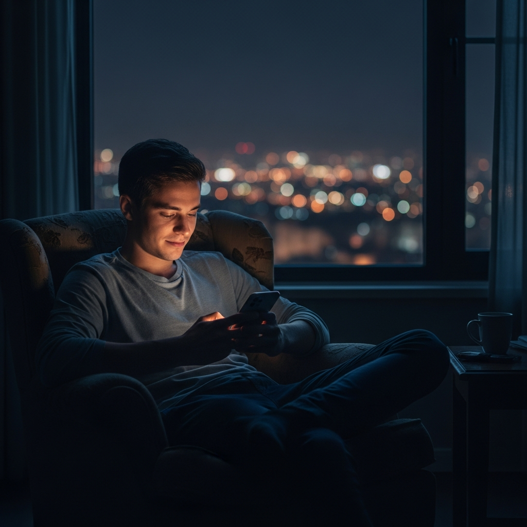 -        in the  Generate a of a person sitting in a dimly lit room typing on their phone with a sub