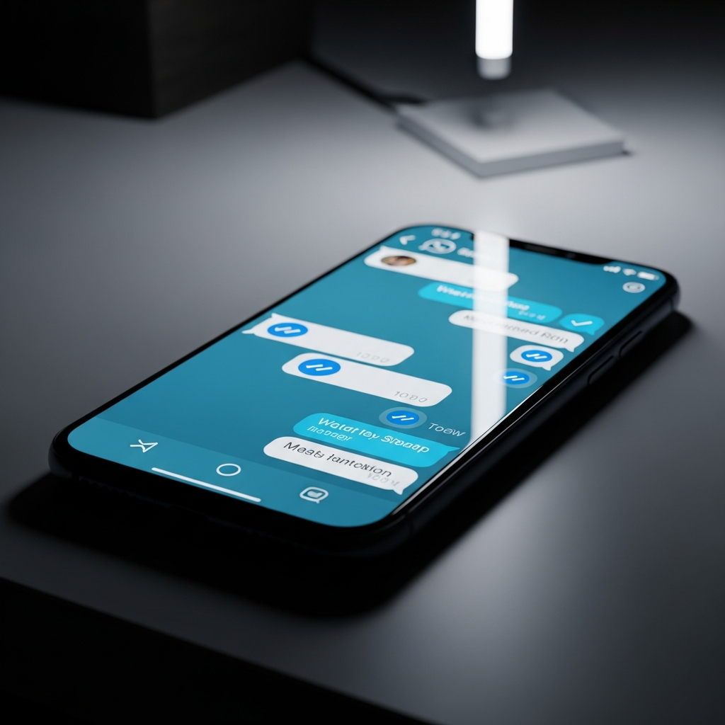 - in der Generiere ein Bild eines Smartphones auf einem minimalistischen Schreibtisch mit geöffnetem WhatsApp, das einen Check anzeigt