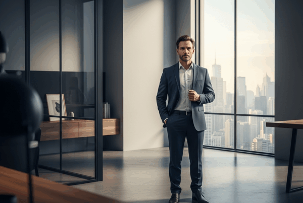 - in dem A, selbstbewusst stehend in einem modernen, minimalistischen Büro mit filmreifer Stadtkulisse.