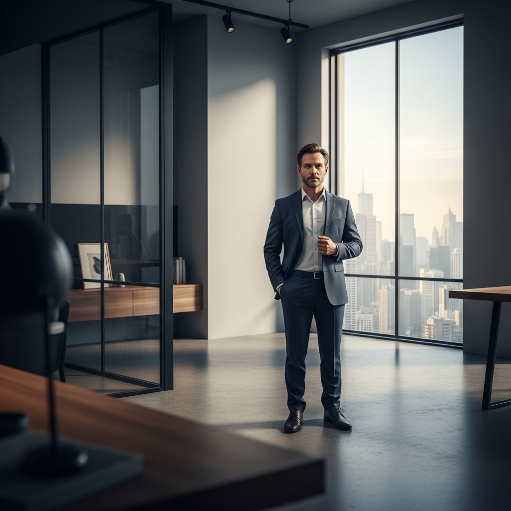 -        in the  A standing confidently in a modern minimalist office with cinematic  a cityscape ba