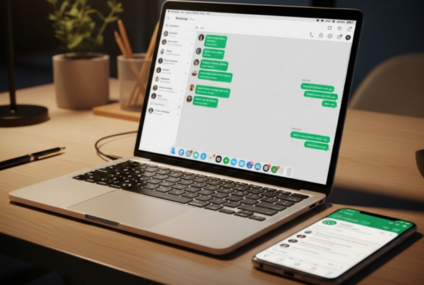 - en el Generar una de una oficina moderna con una computadora portátil y un teléfono inteligente que muestra WhatsApp en un