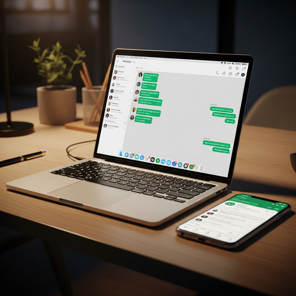 - na geração de um escritório moderno com um laptop e um smartphone exibindo o WhatsApp em um