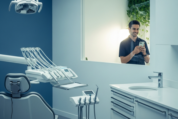 - Dans une clinique dentaire moderne, avec une influenceuse souriante en arrière-plan tenant un téléphone