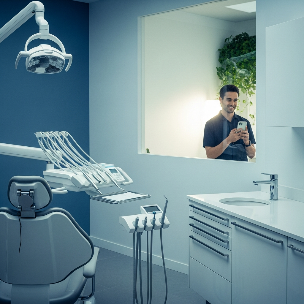 - Dans une clinique dentaire moderne, avec une influenceuse souriante en arrière-plan tenant un téléphone