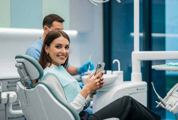 - Dans le cadre de la création d'une clinique dentaire moderne avec une influenceuse, une jeune femme assise dans un cabinet dentaire