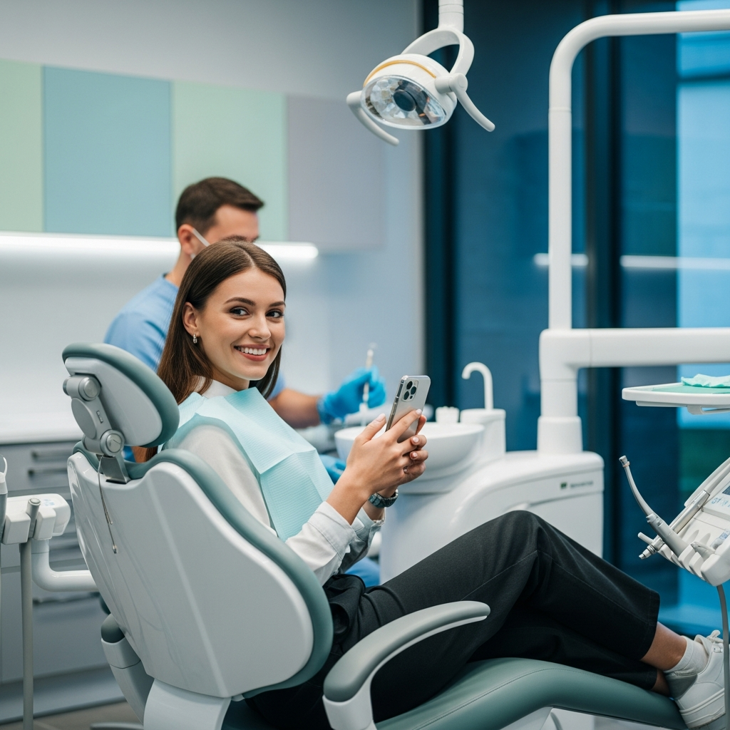 - in the Create a of a modern dental clinic with an influencer a young woman sitting in a den