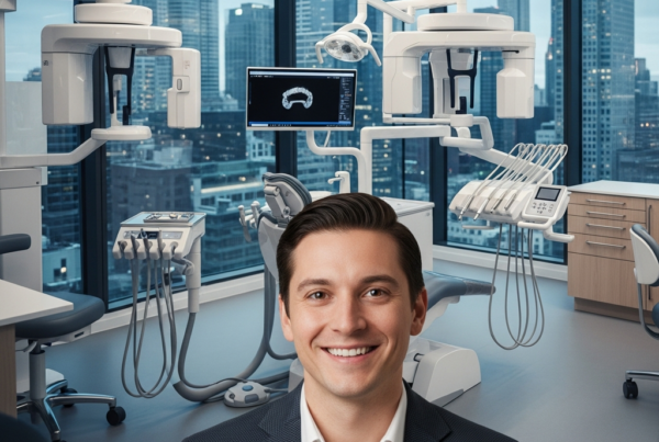 - dans la Générer une image d'un studio dentaire moderne avec une influenceuse souriante au premier plan sur